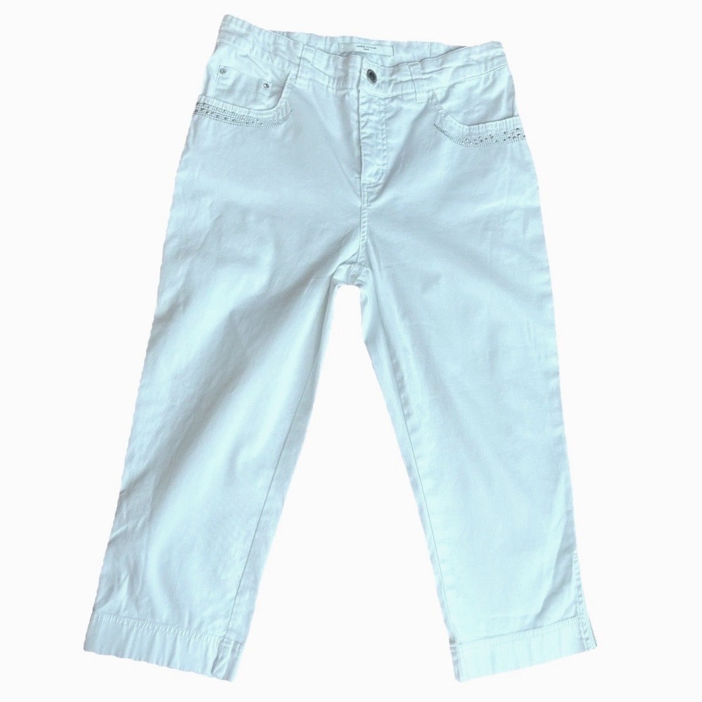 Simon Chang White Capri Pants Crystal Detail Leg Zipper Y2K Style McBling Sz 4